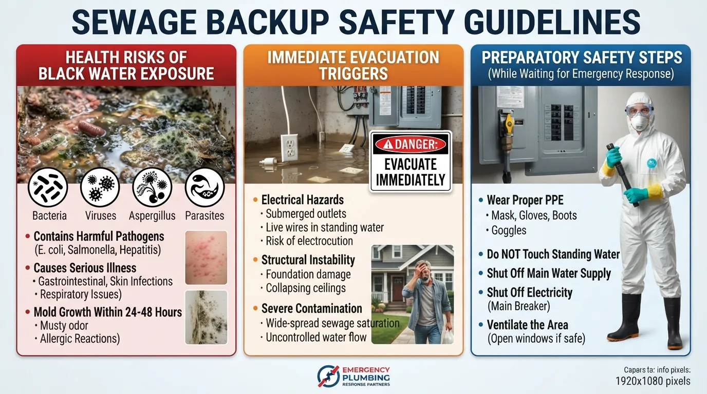 Professional plumber evaluating health risks and safety precautions in a home affected by a raw sewage backup