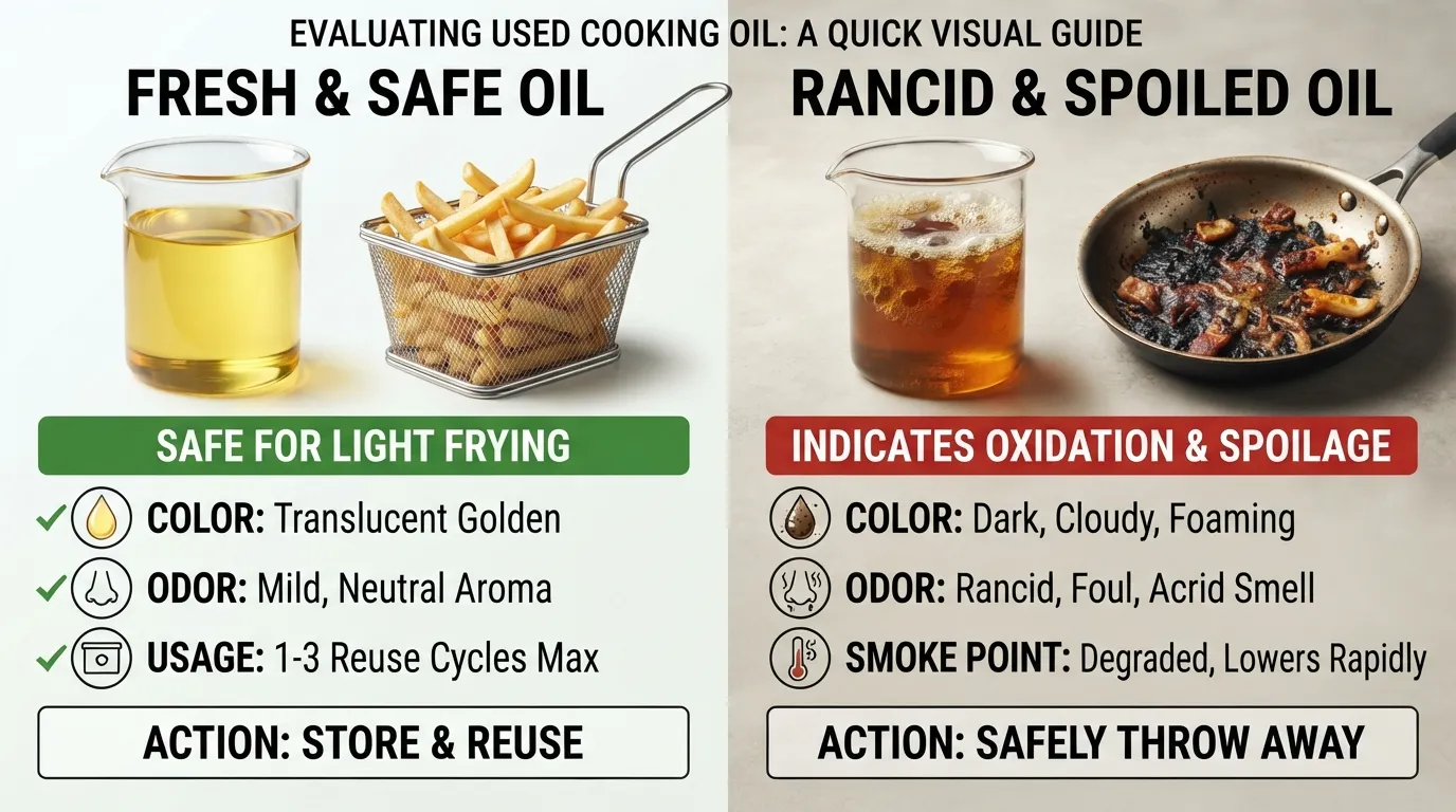 A close-up view of a person inspecting the color and clarity of used cooking oil in a glass container to check for spoilage and rancidity.