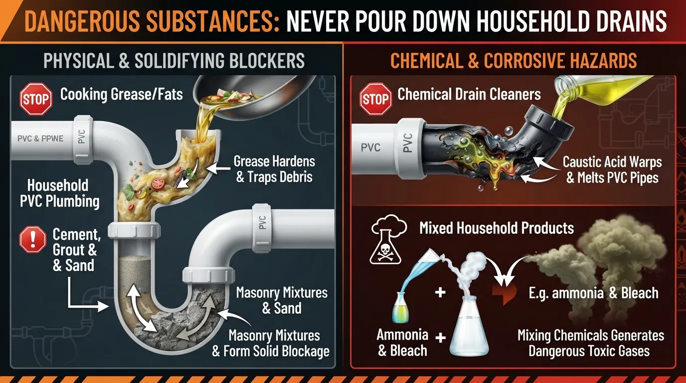 Informational diagram showing prohibited items to never pour down household drains, including cooking grease, cement, grout, sand, and hazardous chemical drain cleaners.