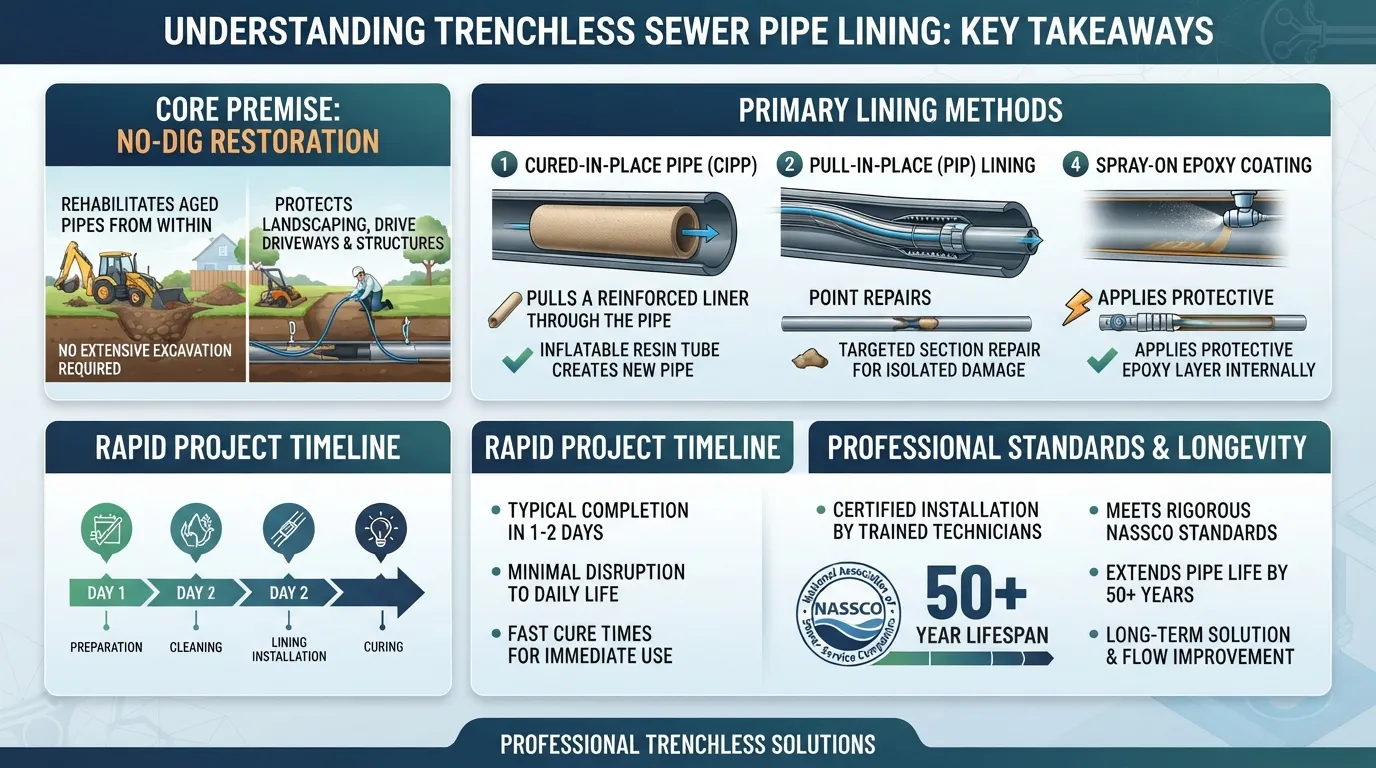 Infographic summarizing the key takeaways of trenchless sewer pipe lining methods, lifespans, and professional standards.
