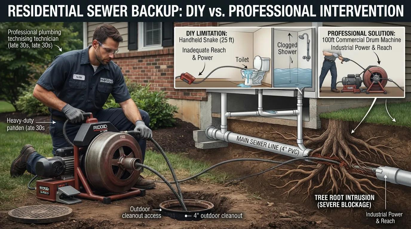 Professional plumber using heavy-duty 100-foot commercial sewer snake equipment to clear a main line blockage.