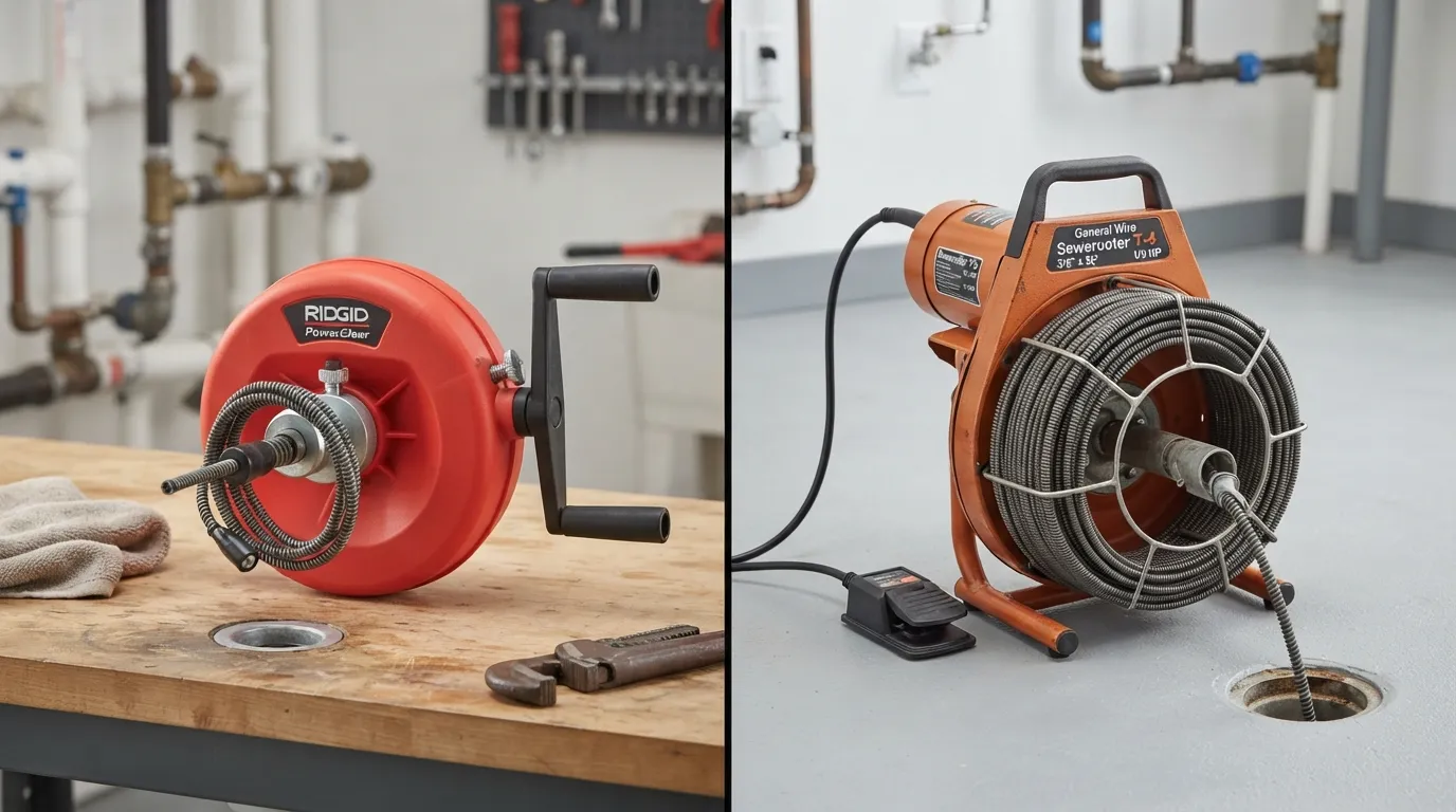 Side-by-side comparison of a manual hand-crank drum auger and a motorized power auger on a clean workbench.