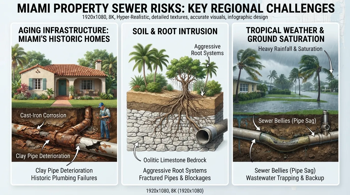 Infographic illustrating why Miami homes are prone to sewer line issues due to aging cast-iron pipes, limestone soil, and hurricane season ground saturation.
