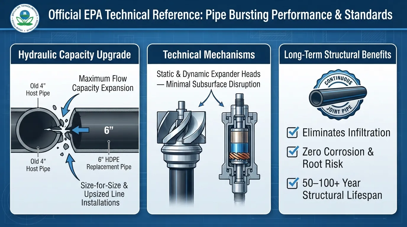 Infographic summarizing the EPA official water technology fact sheet standards for trenchless pipe bursting, hydraulic capacity upgrades, and HDPE pipe durability.