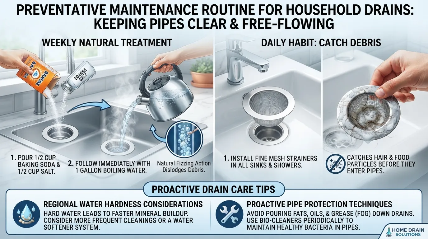 A plumbing maintenance graphic illustrating weekly cleaning steps and mesh strainers to prevent drain clogs