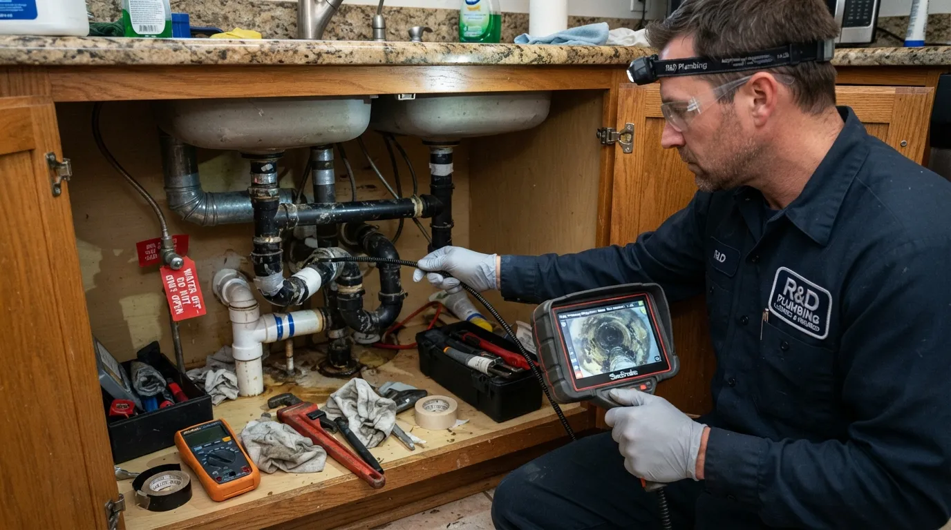 A professional plumber using diagnostic tools to inspect under sink drainage pipes and plumbing connections.