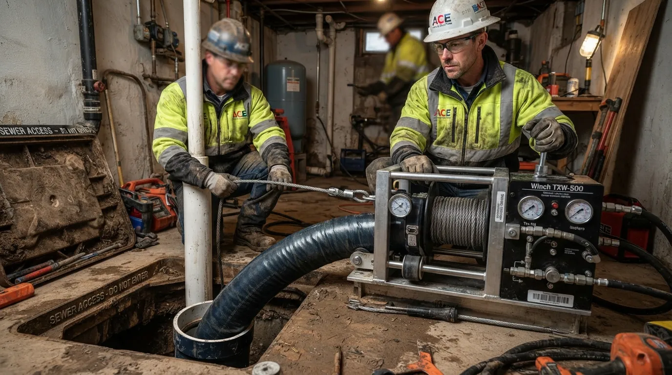 A technician using a mechanical winch system to pull a resin-coated structural liner into a damaged underground pipe section.