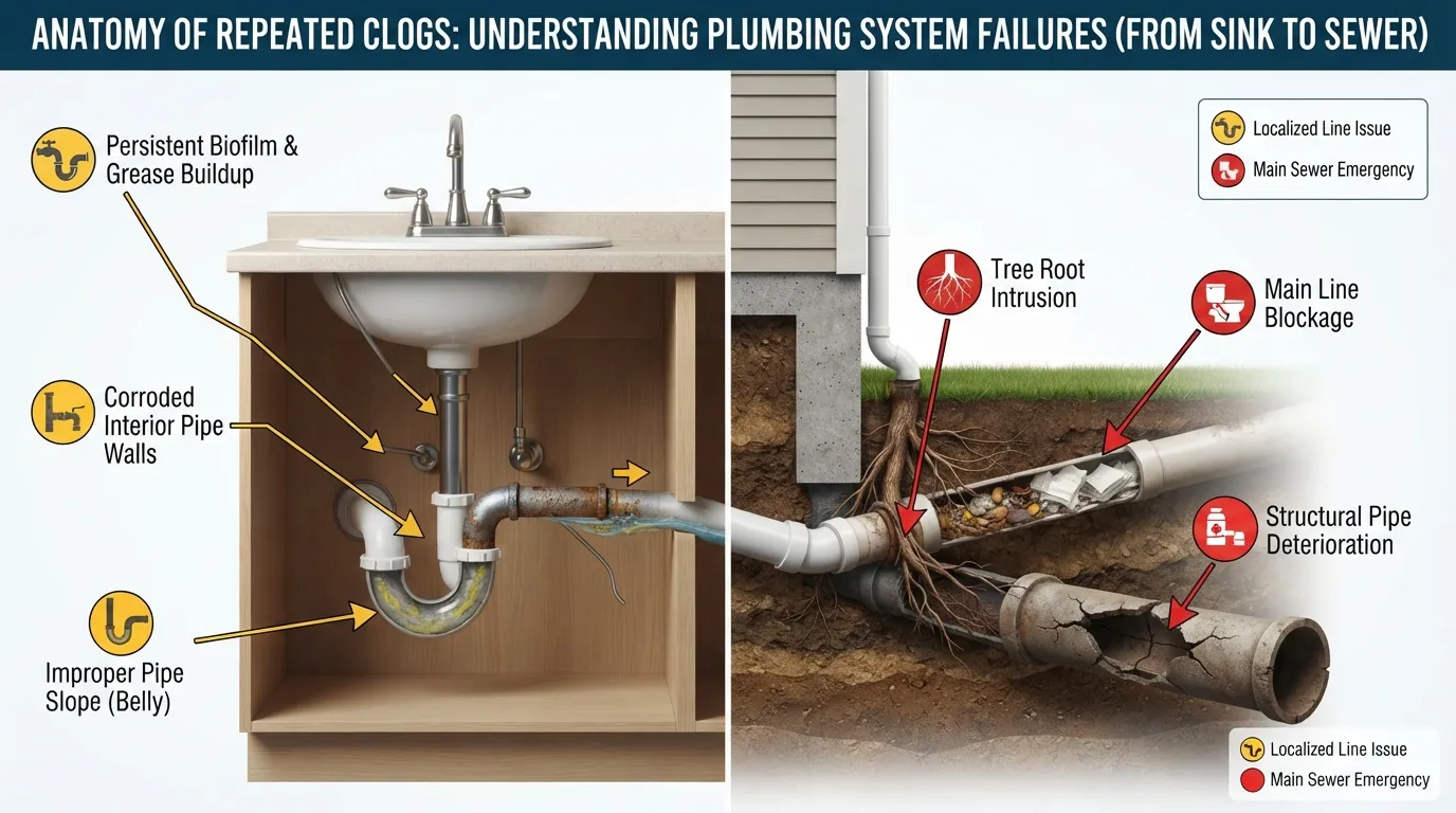 Cross-section diagram illustrating common causes of recurring slow sink drains, including grease buildup, pipe corrosion, improper slope, and main sewer line root intrusion.