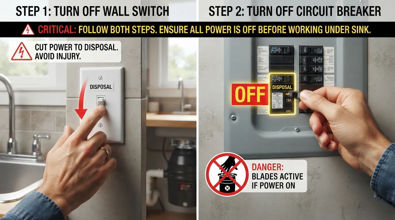 A step-by-step safety guide showing a person flipping a wall switch and switching off a circuit breaker before inspecting a garbage disposal.