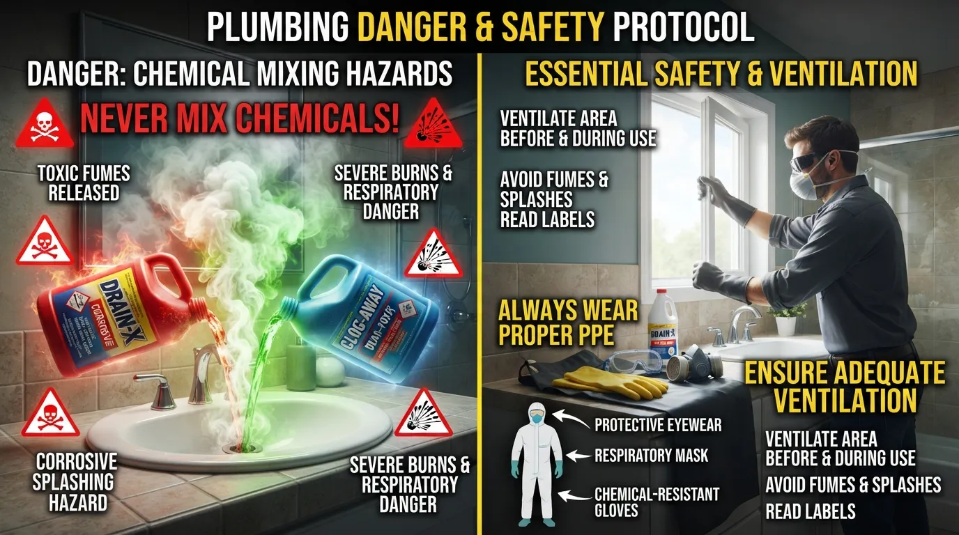 Person holding warning sign next to hazardous cleaning chemicals and baking soda mixture being mixed dangerously