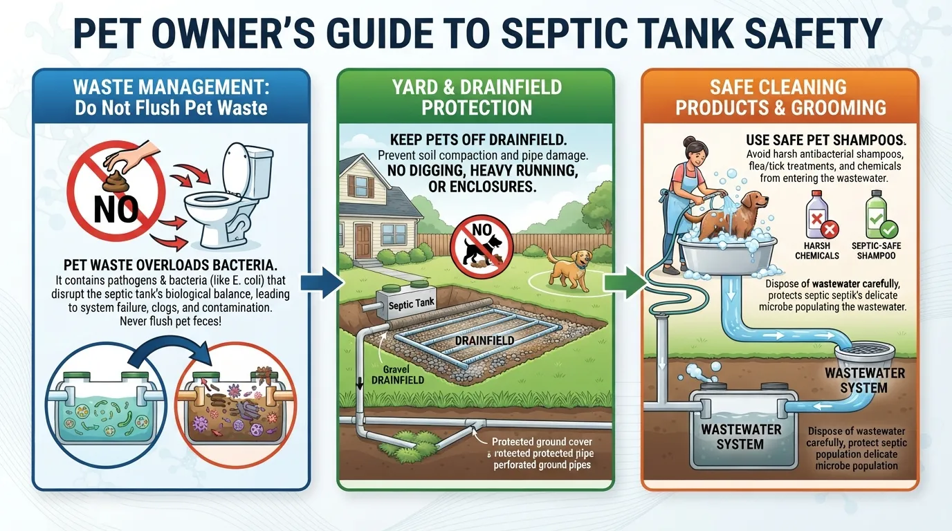 Infographic illustrating septic tank considerations for pet owners, including waste management, yard usage, and system protection tips.