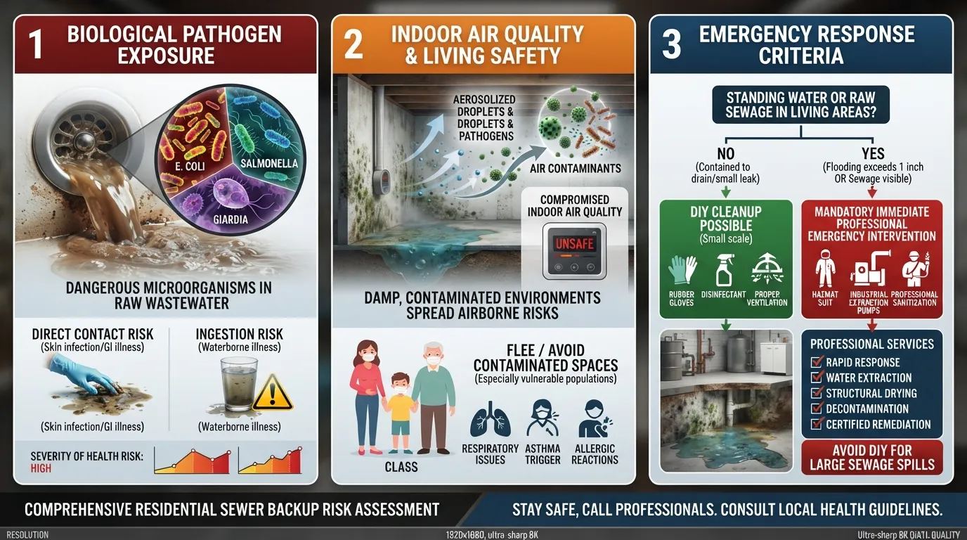 Infographic displaying health and safety risks of a sewer backup, including toxic pathogen exposure, water contamination, and emergency plumbing hazards.