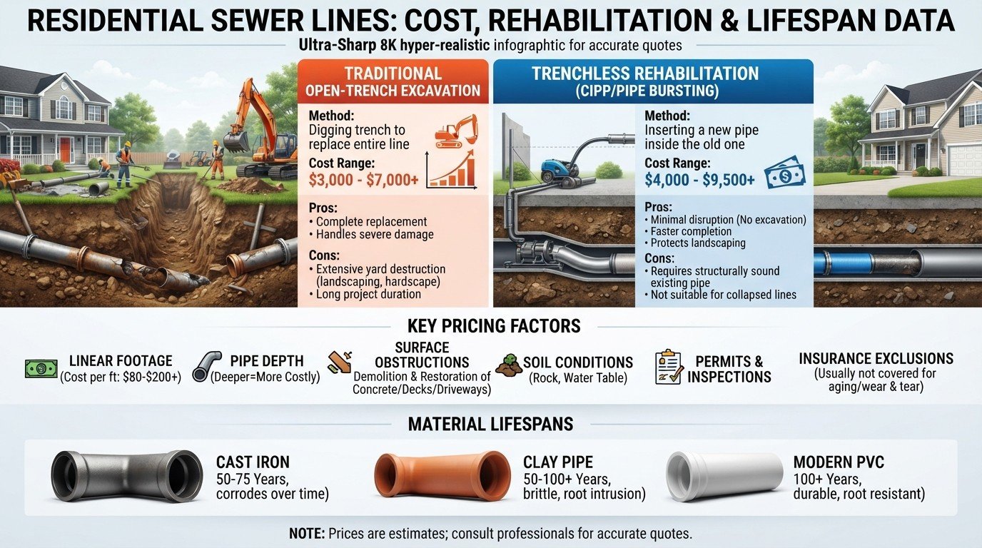 Infographic displaying sewer line repair and replacement costs, factors affecting pricing, and trenchless versus traditional excavation methods.