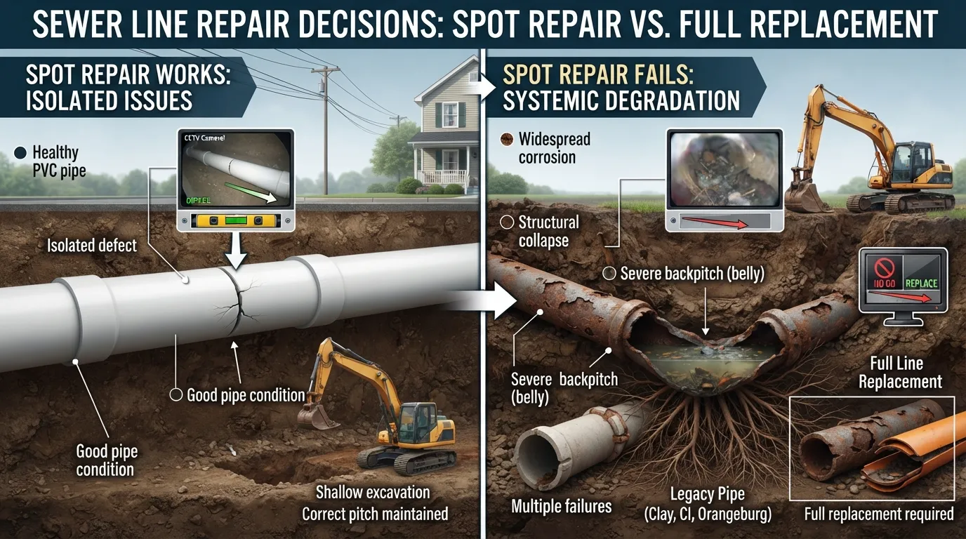 Infographic comparing sewer line spot repairs for isolated cracks versus full replacements for collapsed pipes.