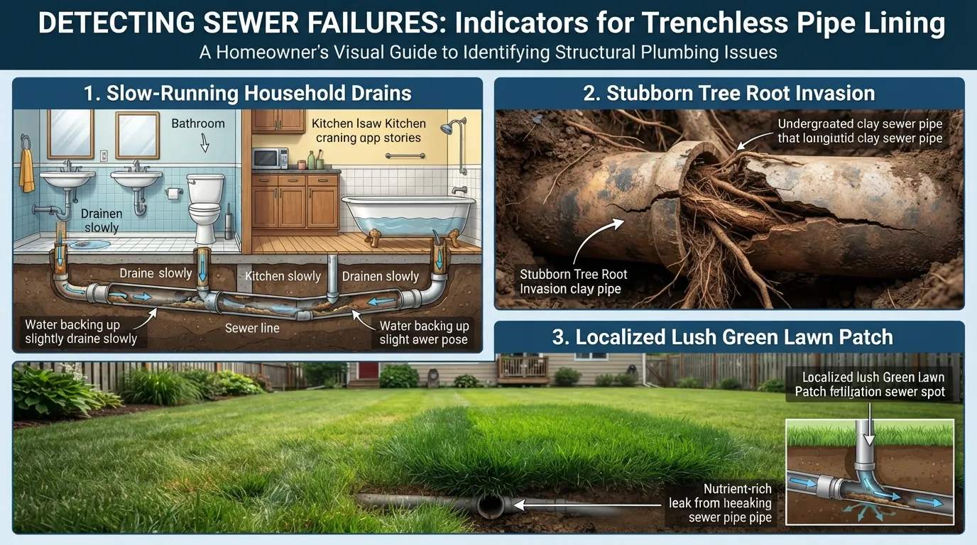 Plumber inspecting a residential sewer line showing common signs of pipe damage like slow drains and root intrusion.