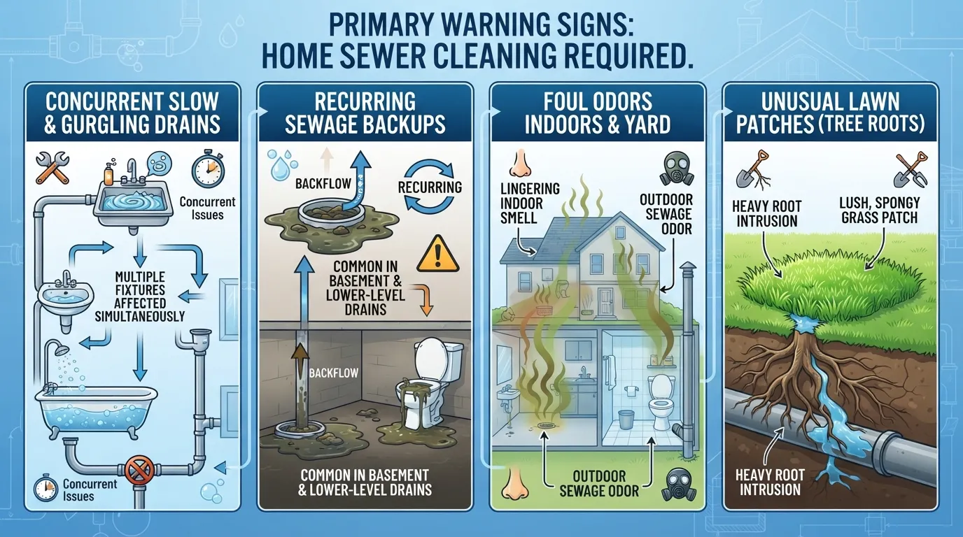 Plumber inspecting multiple slow drains and sewage backups to demonstrate signs you need professional sewer cleaning