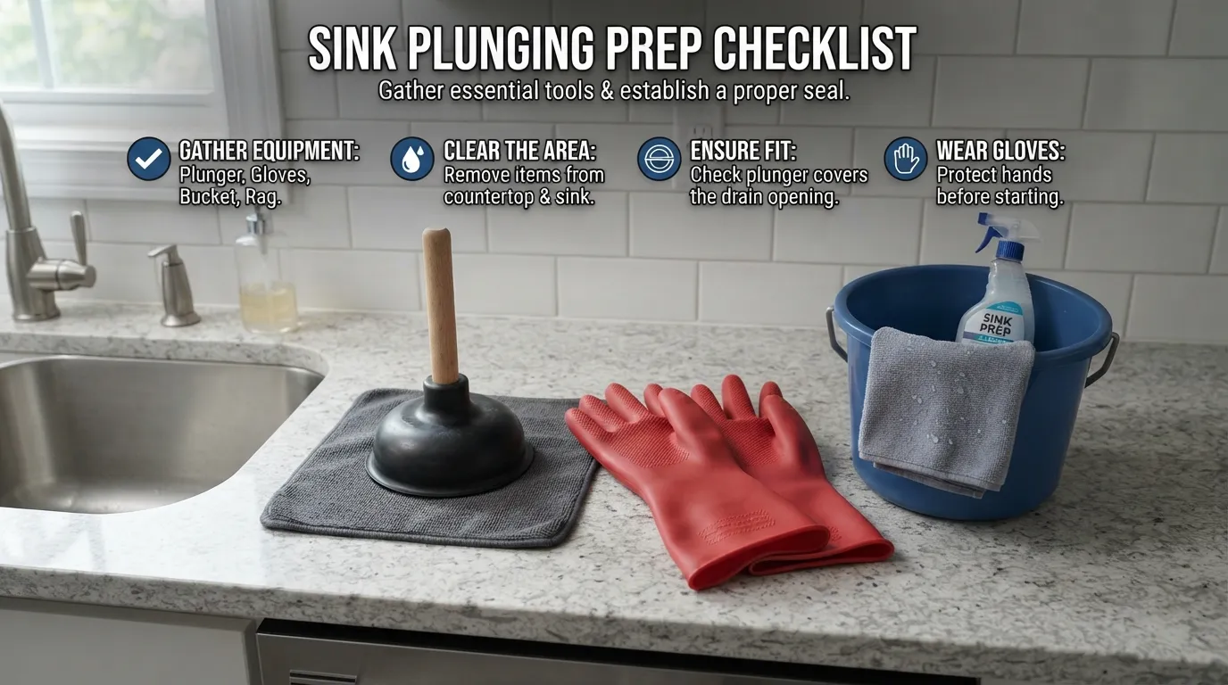 Flat-bottomed cup plunger, rubber gloves, and bucket arranged neatly on a kitchen counter for clearing a clogged sink drain.