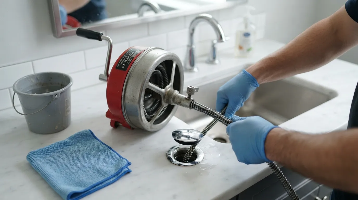 A plumber holding a manual hand-crank drum auger over a bathroom sink, demonstrating how to use a drain snake for clog removal.