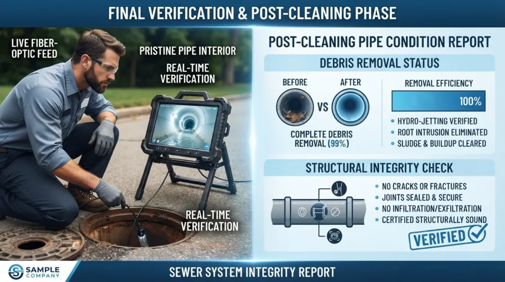 Plumber reviewing a high-resolution post-cleaning camera monitor to verify the sewer line is completely clear.