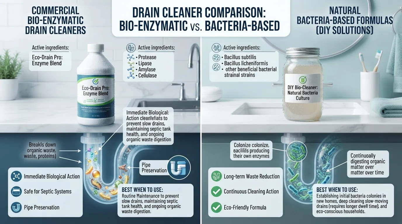 Eco-friendly bio-enzymatic drain cleaner bottles placed on a clean kitchen counter next to a sink for natural clog removal.