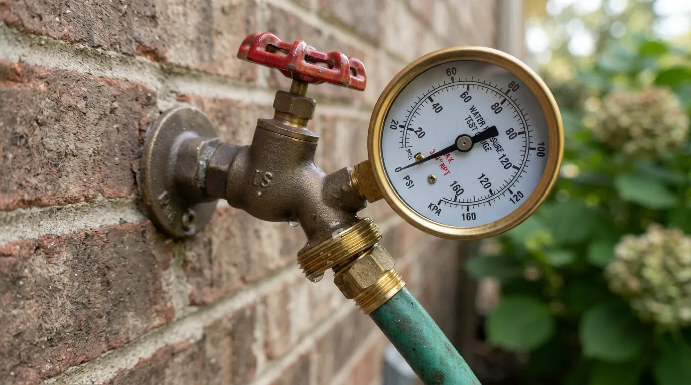 A homeowner using a pressure gauge attached to an outdoor hose spigot to test residential water pressure.