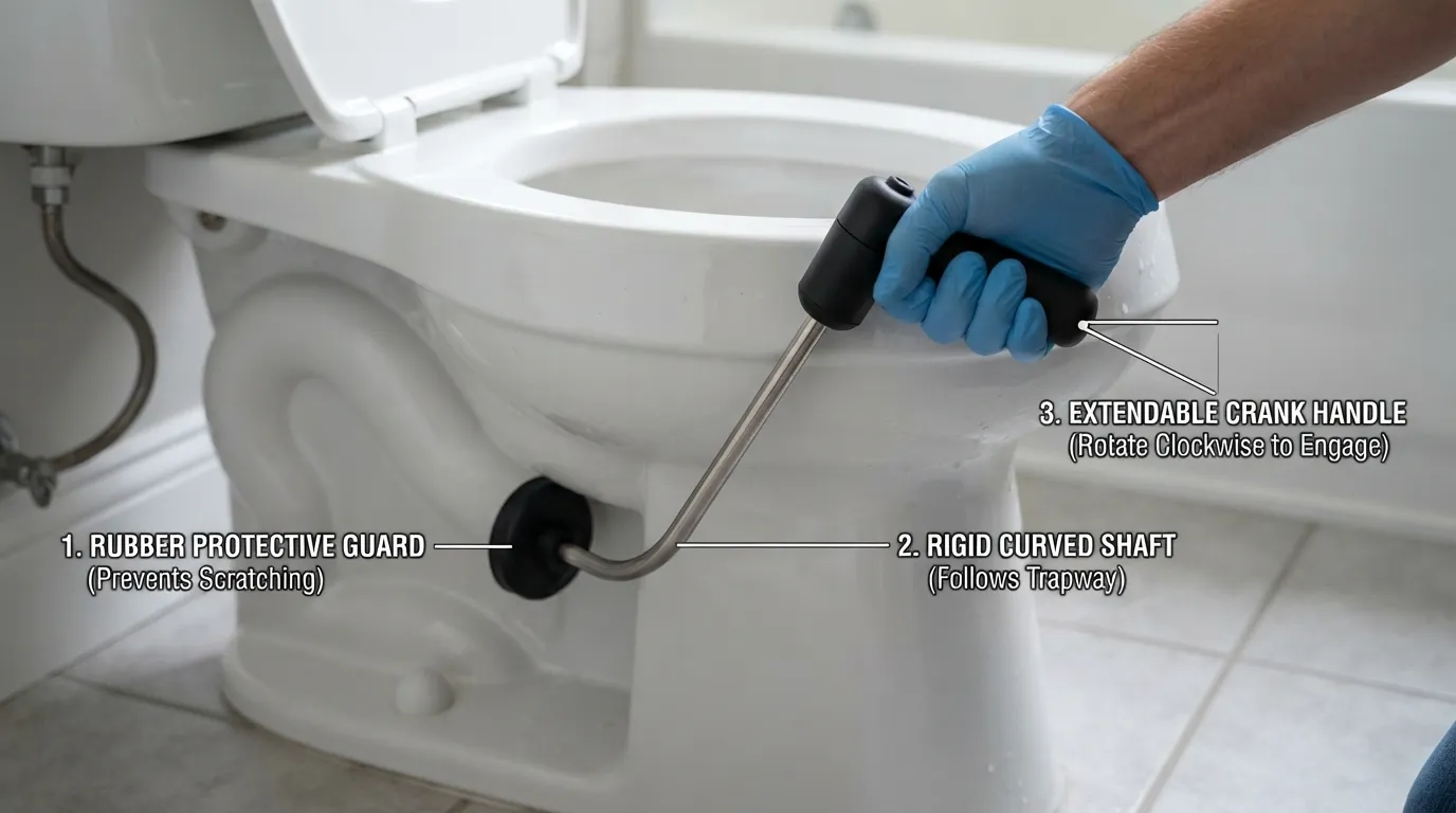 Plumber using a vinyl-protected closet auger to clear a toilet clog while protecting the porcelain bowl.