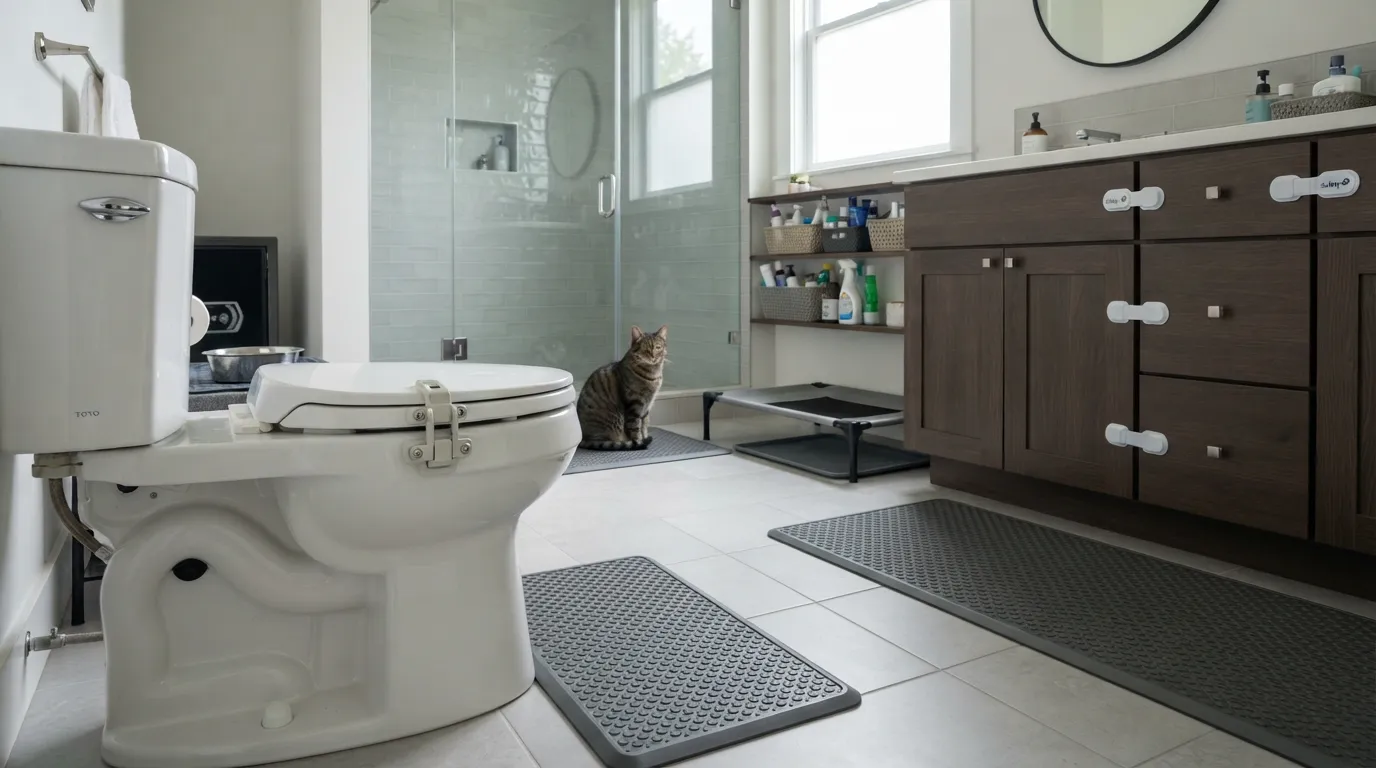 A secure bathroom featuring a toilet seat lock and raised fixtures to protect pets in a modern pet-friendly home.