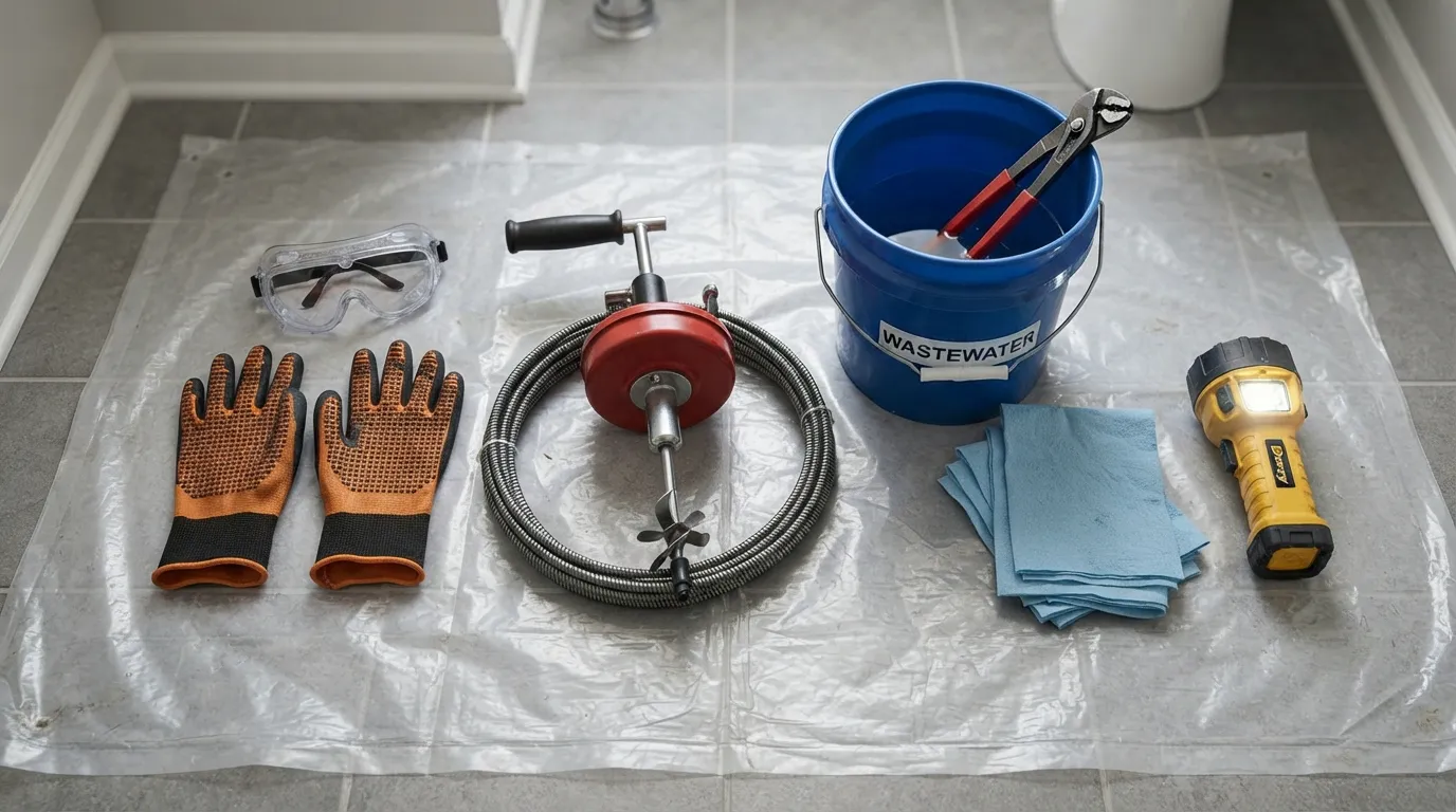 Flat lay arrangement of a drain auger, rubber gloves, safety glasses, bucket, flashlight, and rags on a workspace.