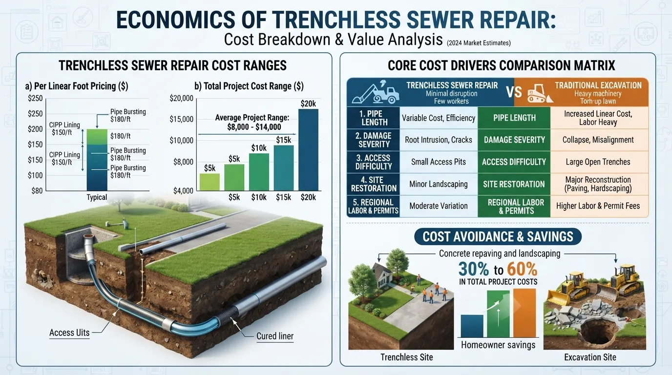 Infographic displaying trenchless sewer line repair cost per linear foot, total project pricing ranges, and key factors affecting the overall estimate.