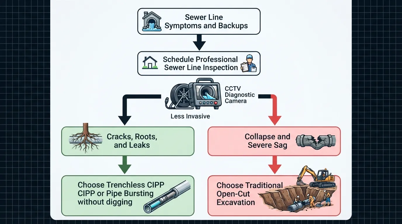Flowchart and decision guide illustrating when to choose trenchless sewer repair versus traditional open-cut excavation based on CCTV camera inspection results.