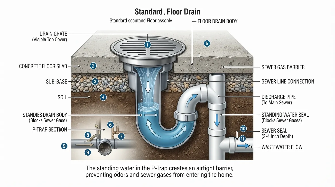Cross-section diagram and components of a standard household floor drain, including the trap, grate, and drain pipe.