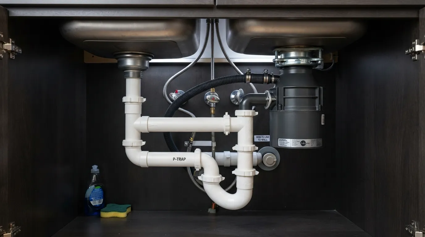Under-sink plumbing setup showing a double-bowl kitchen sink, dishwasher drain hose connected to the garbage disposal inlet nipple, and P-trap.