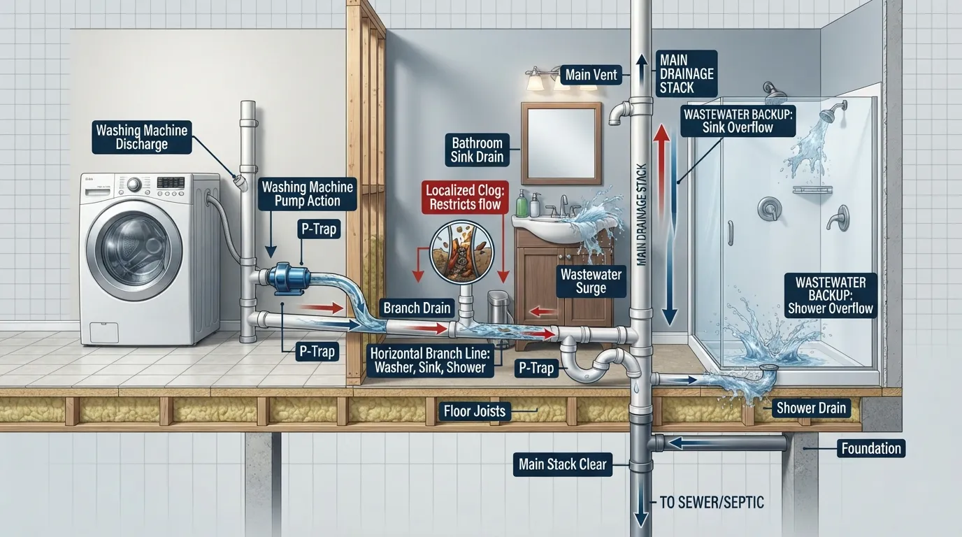 Cross-section plumbing diagram showing a shared home drain line where a washing machine backup forces water up into a nearby bathroom sink and shower drain.