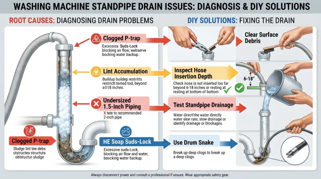 Infographic illustrating common causes and fast DIY fixes for a washing machine drain overflow, featuring a standpipe, drain hose, and P-trap.