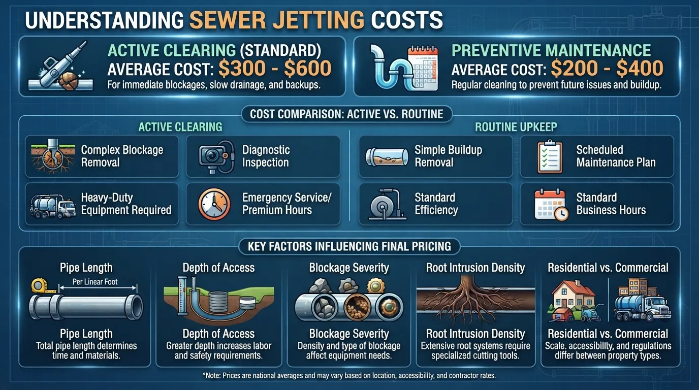 Infographic displaying water jet sewer cleaning costs, preventive maintenance pricing, and factors affecting sewer line hydro jetting rates.