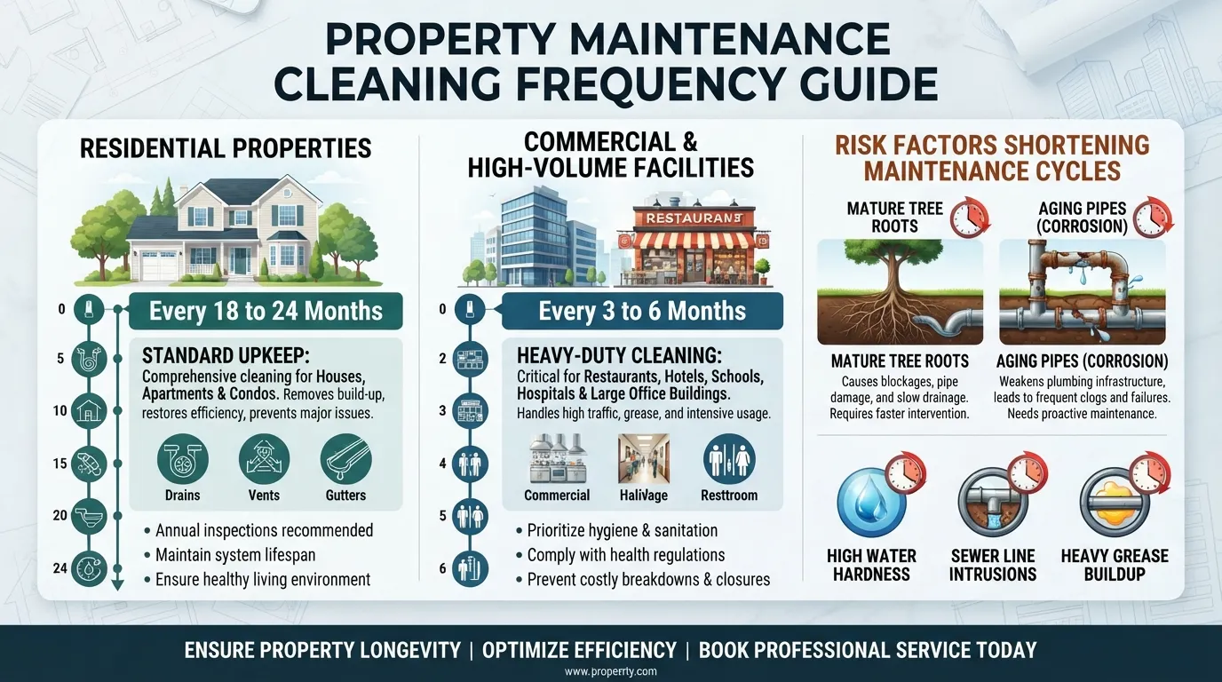 Infographic displaying recommended water jet sewer cleaning frequency for residential and commercial properties based on pipe use and tree roots.