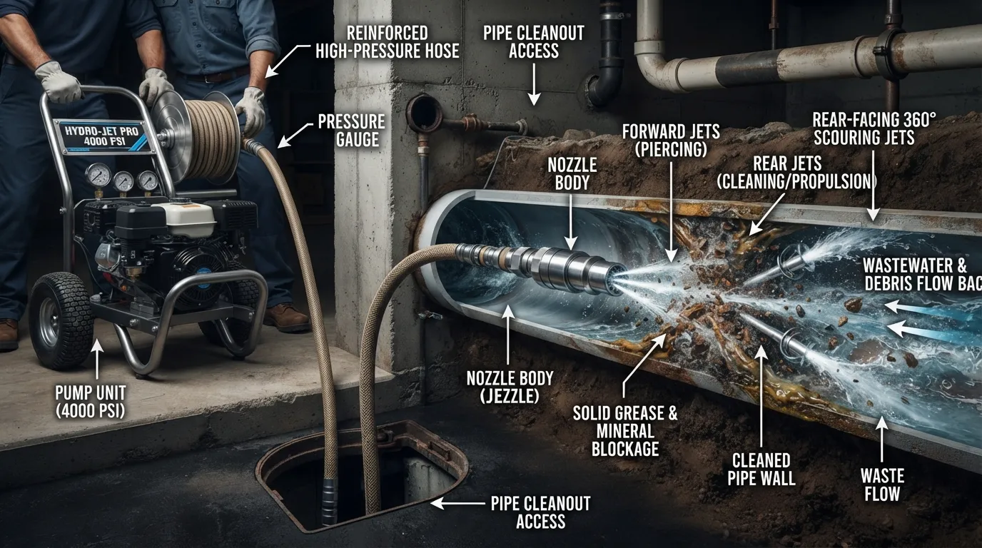 Professional plumbing equipment demonstrating water jet sewer cleaning with high-pressure hose and specialized nozzle inside a pipe.