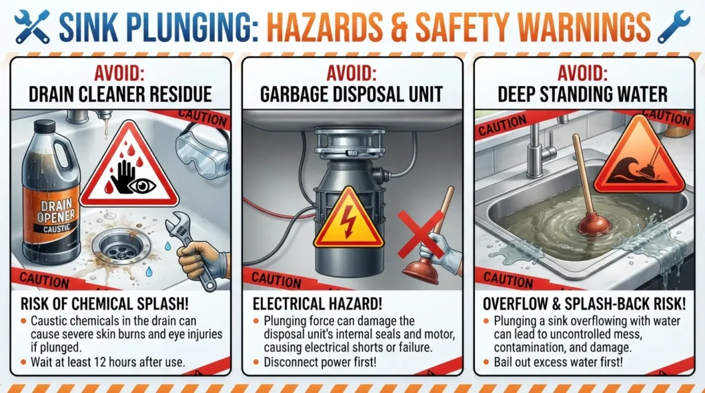 Person wearing rubber gloves warning against plunging a sink filled with standing chemical drain cleaner to prevent hazardous chemical splashes.