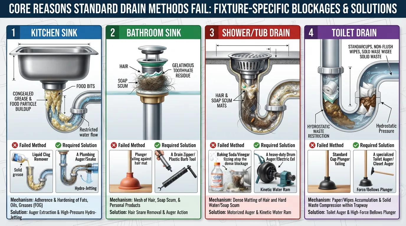 Infographic comparing kitchen sink grease clogs, bathroom hair clogs, and toilet blockages to explain why basic drain tips fail.