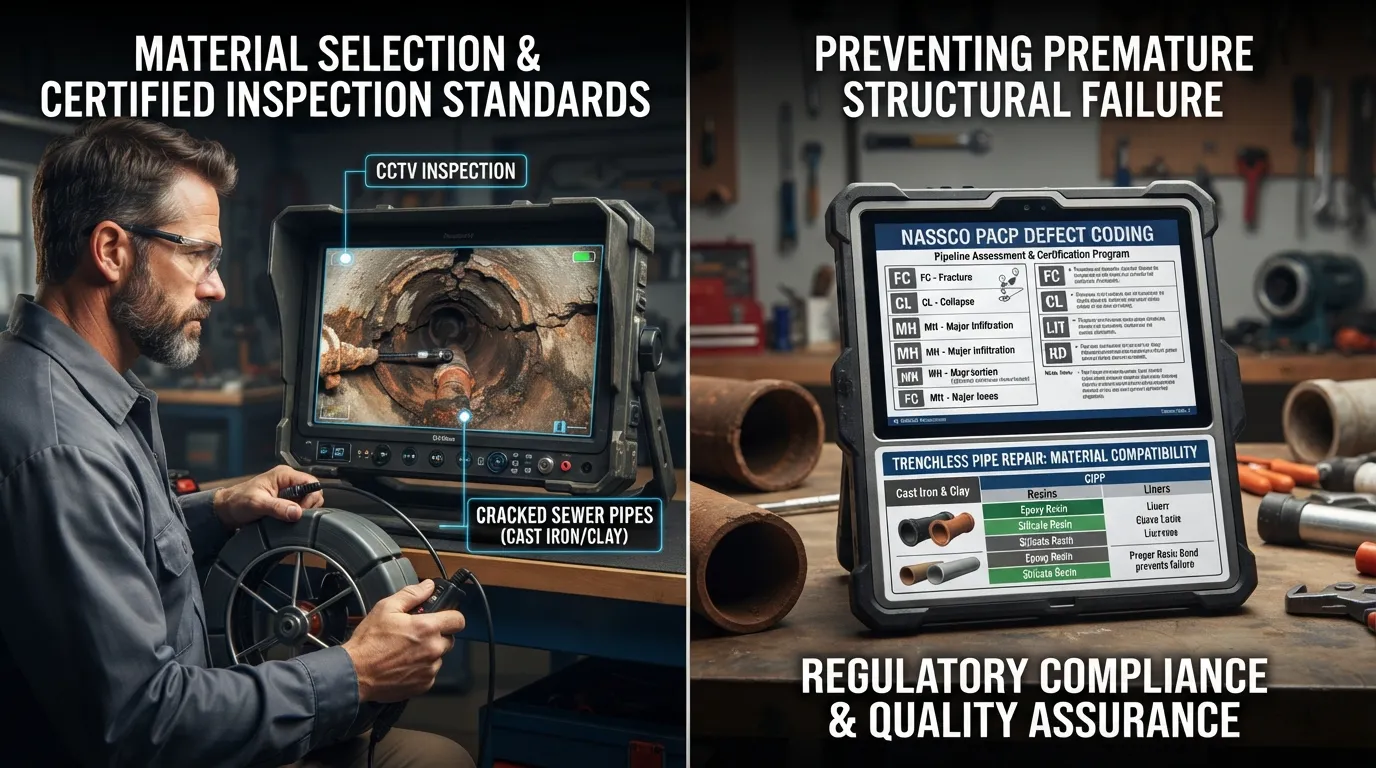 Certified trenchless plumbing technician inspecting sewer pipe material and NASSCO PACP compliance guidelines on a digital tablet.
