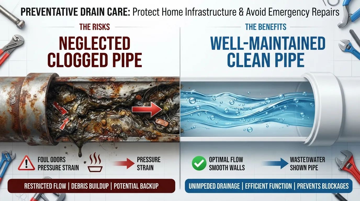 Routine drain maintenance prevents severe pipe corrosion, foul odors, and costly wastewater backups.