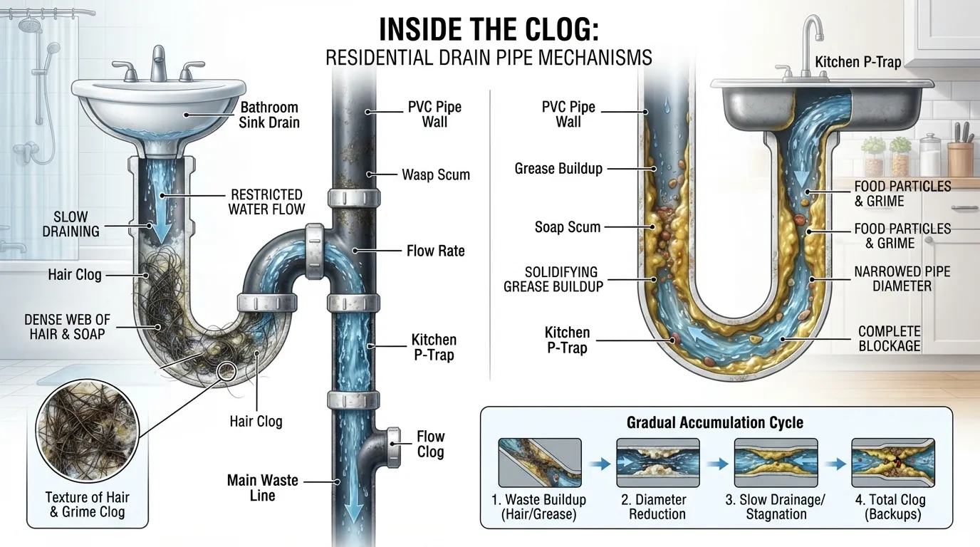 Cross-section diagram showing hair, grease, and soap scum buildup narrowing a household drain pipe.