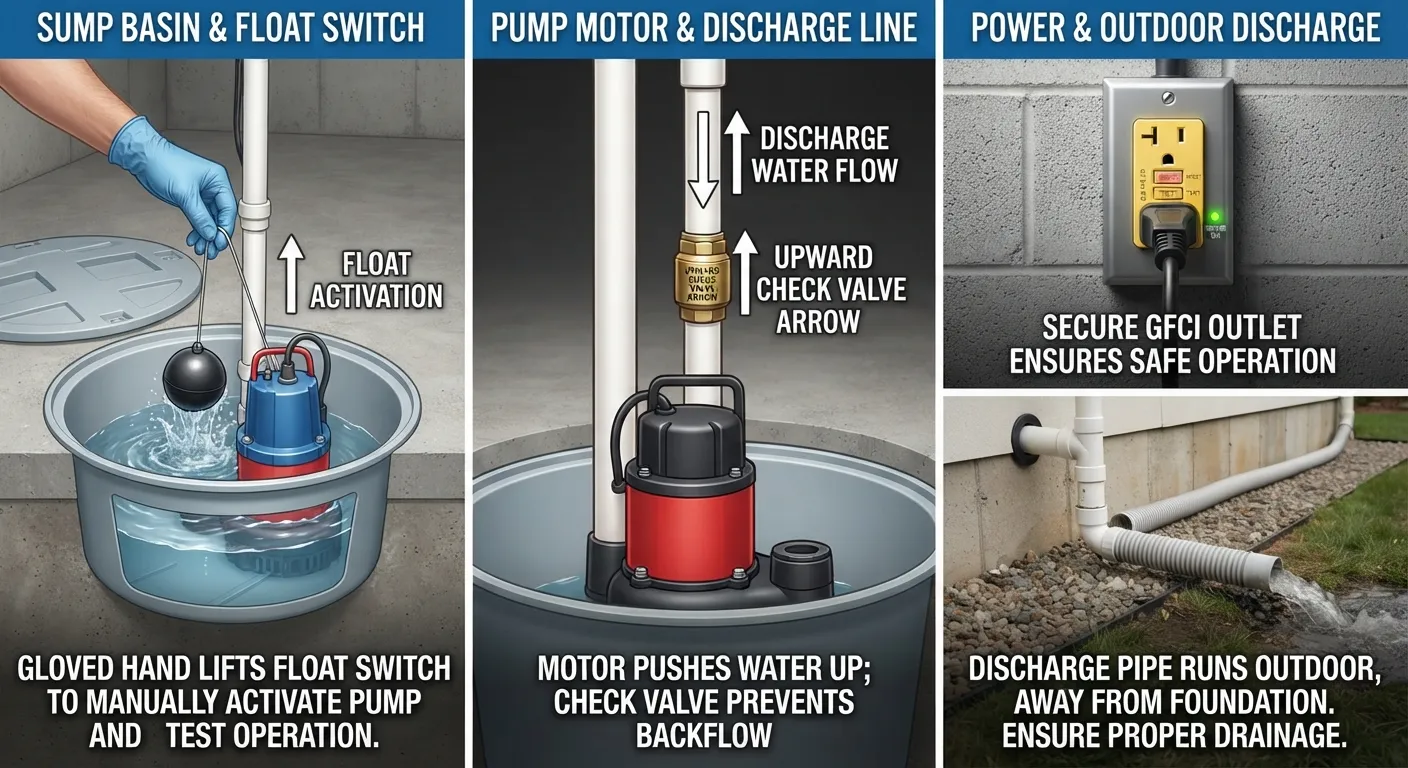 A homeowner inspecting a clean basement sump pump system and discharge pipe during routine home maintenance.