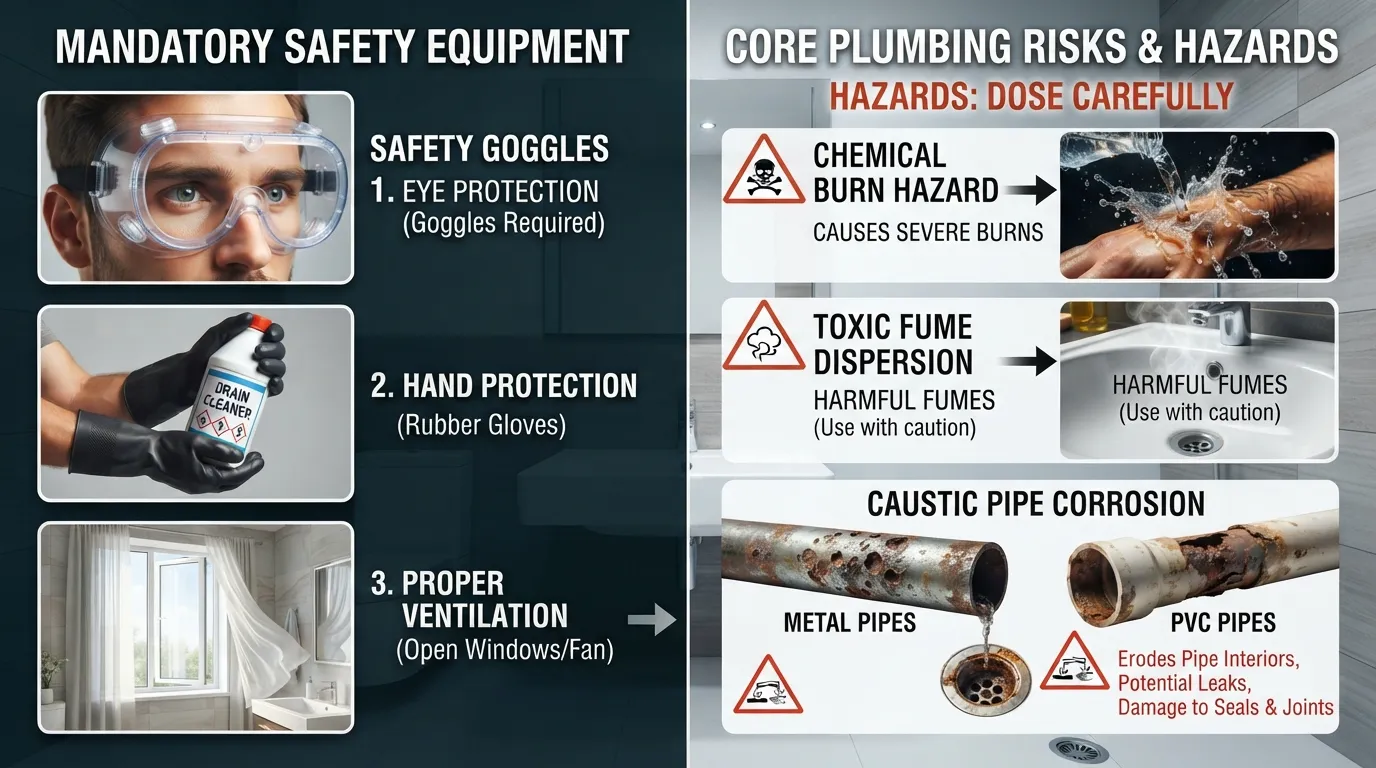 A person wearing chemical-resistant gloves and safety goggles carefully holding a commercial drain cleaner bottle while working in a well-ventilated kitchen.