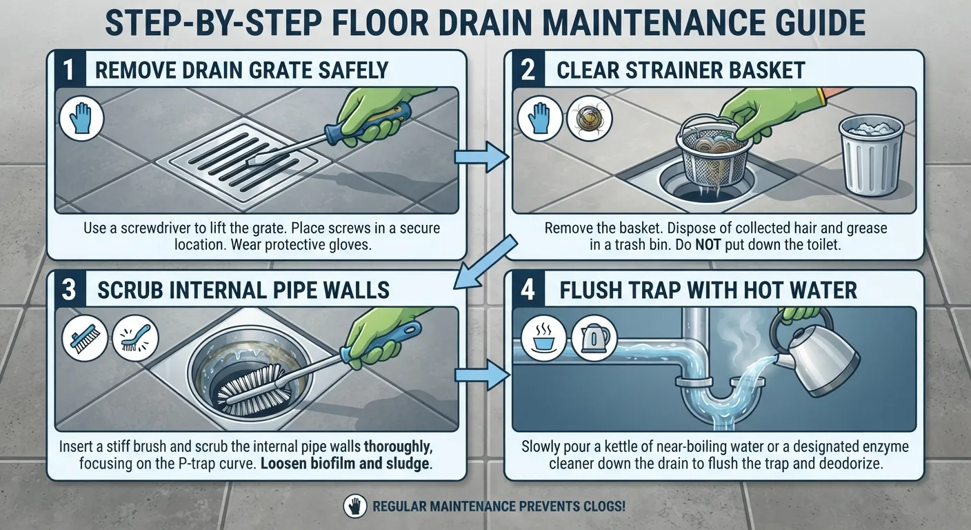 Plumber cleaning and maintaining a commercial floor drain by removing debris and flushing the trap with water.