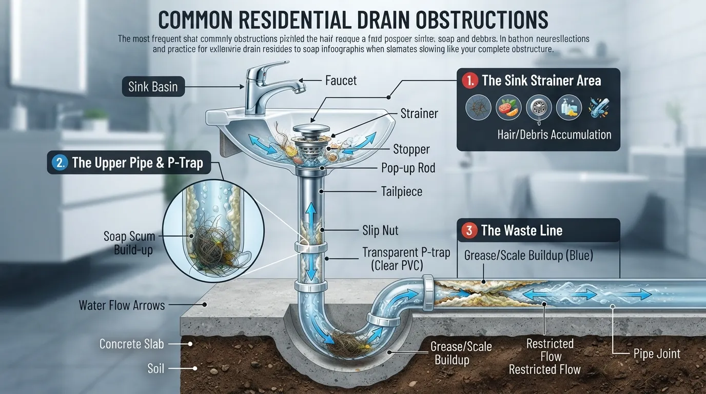 Cross-section diagram illustrating common causes of a slow-draining sink, including hair blockages, soap scum buildup, grease accumulation, and P-trap debris.