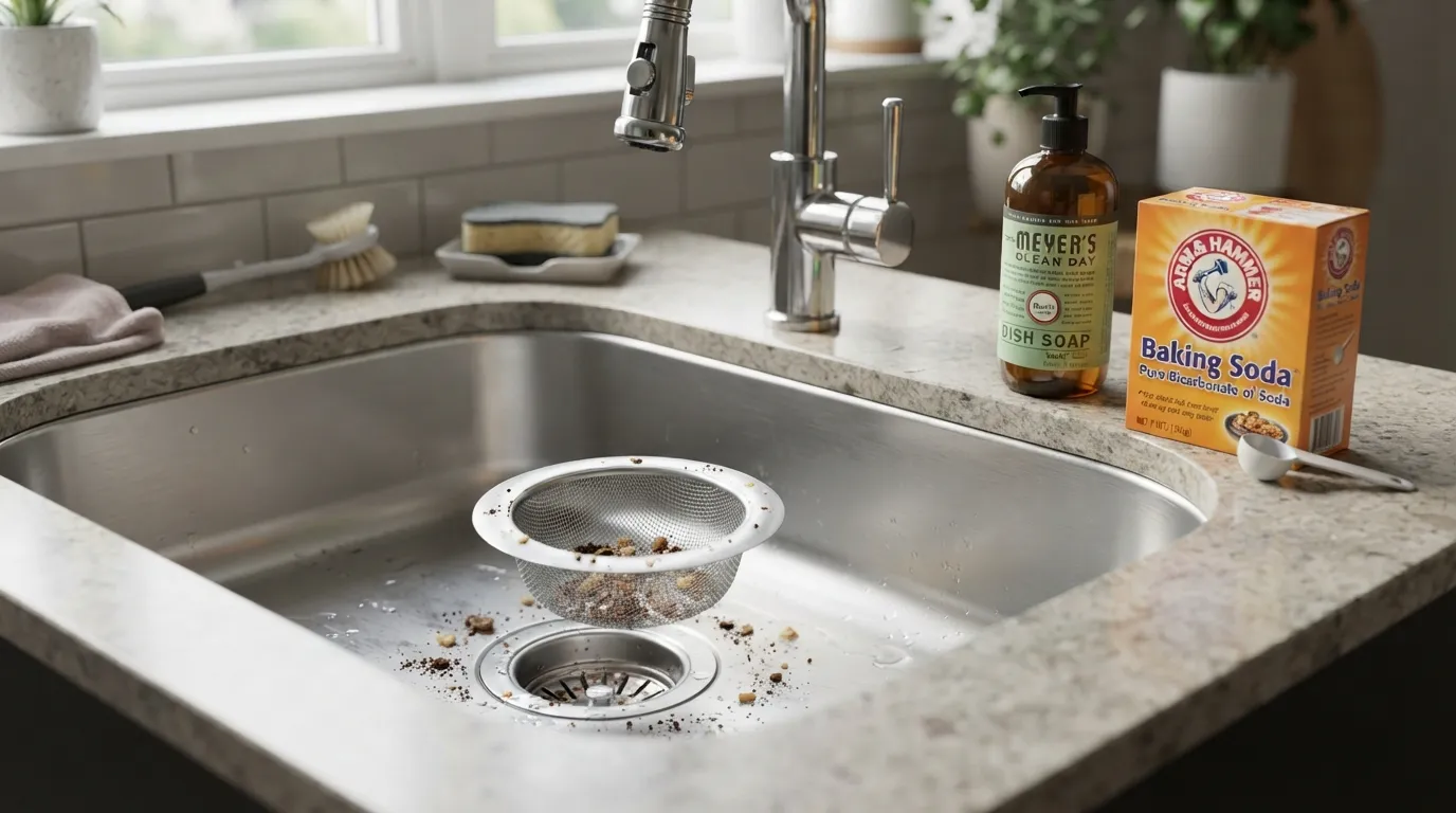 Close-up view of a mesh drain catcher installed in a sink to prevent hair and debris buildup, alongside routine cleaning tools.