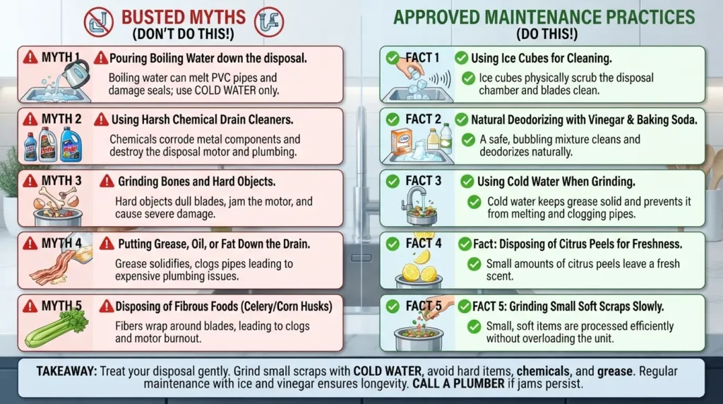 Infographic comparing common garbage disposal myths and facts, showing safe cleaning methods like ice and baking soda versus harmful practices.