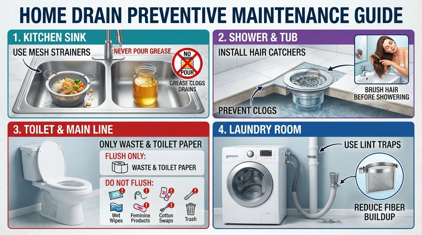 Room-by-room drain clog prevention guide showing key preventive tools and daily habits for the kitchen sink, bathroom shower, toilet, and laundry room standpipe.