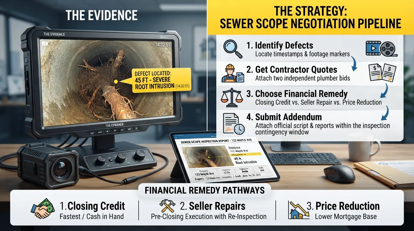 A real estate buyer reviewing a sewer scope inspection report next to a video monitor showing pipe root damage while calculating seller concessions.